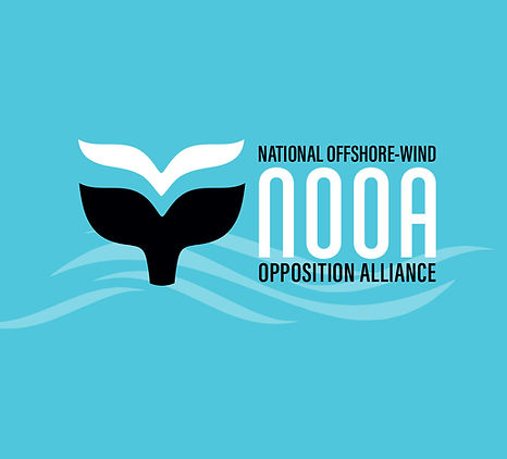 NOOA One Ocean, National Offshore-wind Opposition Alliance logo, a whale tail and a bird, flying over a blue card with sweeping waves.